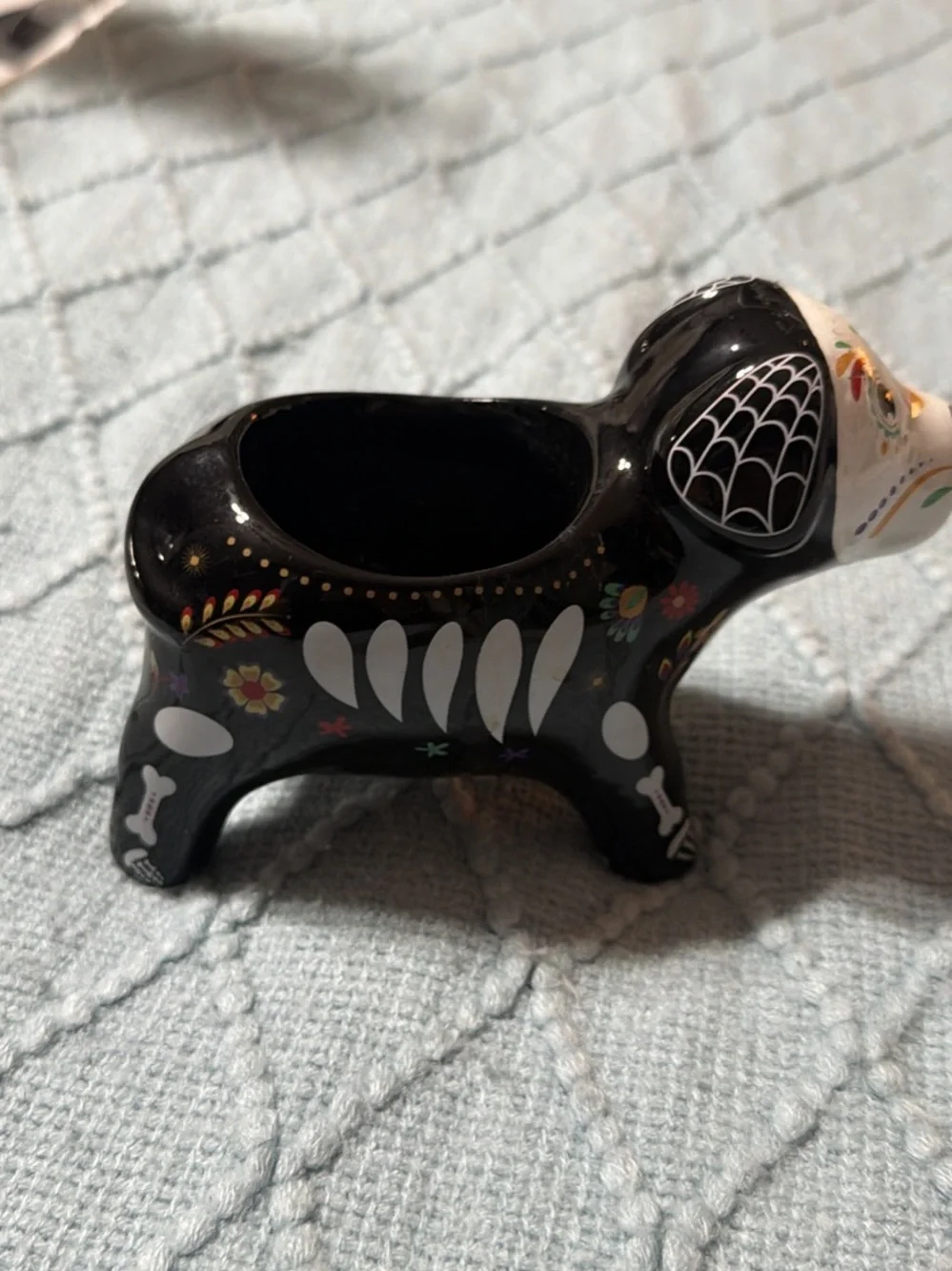 Hand-Painted Day of the Dead Black Ceramic Dog Planter